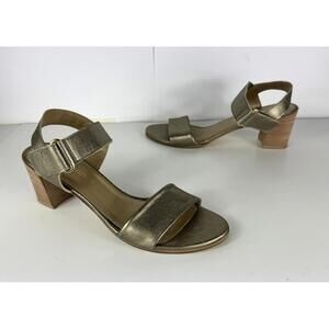 Stuart Weitzman Women's Open Toe Dress Sandal Gold Leather Block Heels US 10.5 N